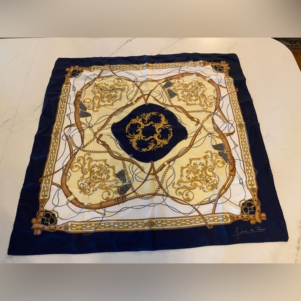 Vintage de Paris Navy Gold Tan Baroque Equestrian Silk Scarf Old Money Accessory